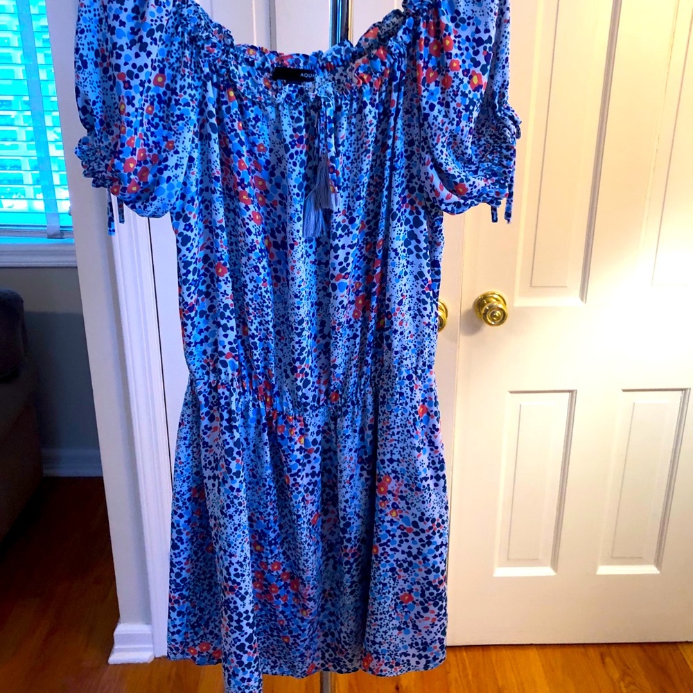 Aqua off the shoulder dress with ties.